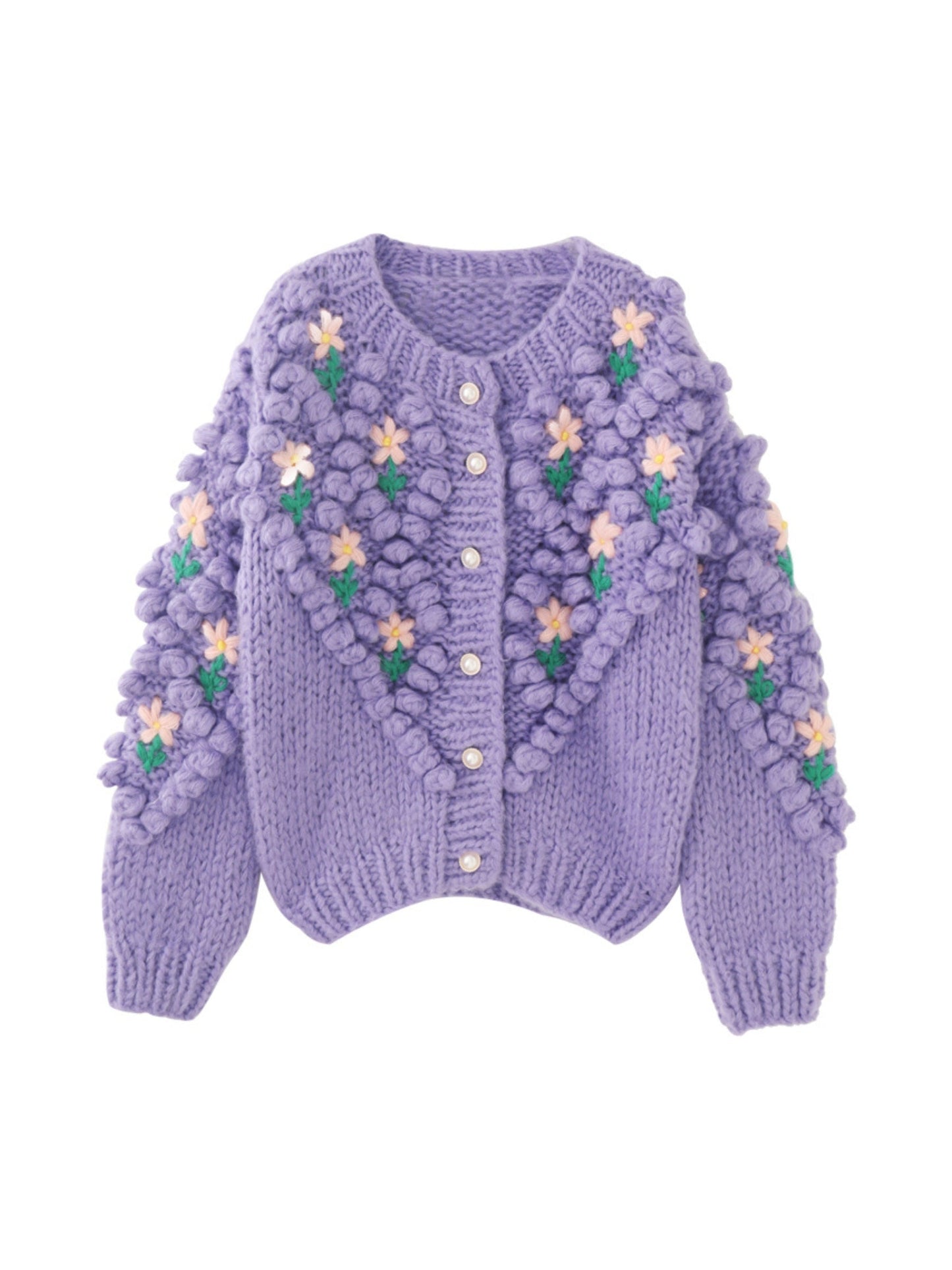 Paarse Bloemen Gebreide Cardigan met Unieke Handgemaakte Accenten