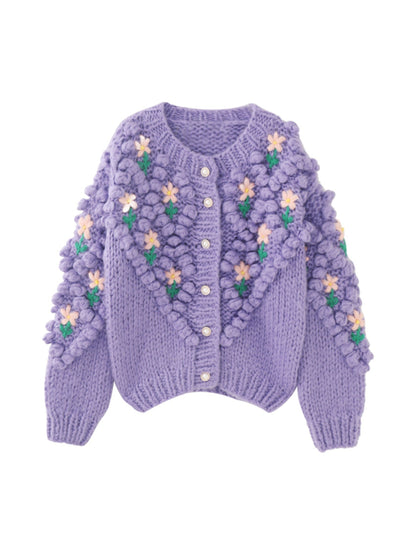 Paarse Bloemen Gebreide Cardigan met Unieke Handgemaakte Accenten