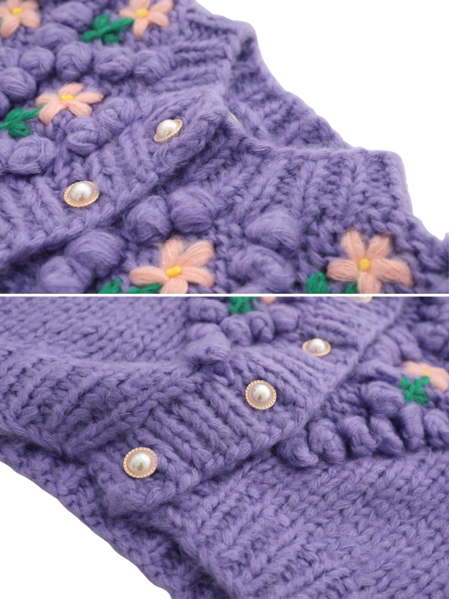 Paarse Bloemen Gebreide Cardigan met Unieke Handgemaakte Accenten