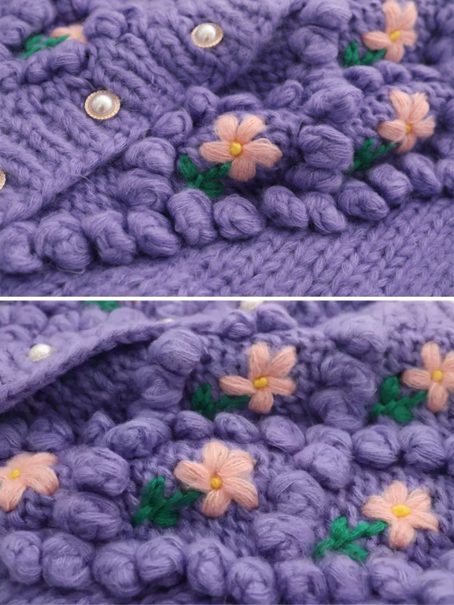 Paarse Bloemen Gebreide Cardigan met Unieke Handgemaakte Accenten