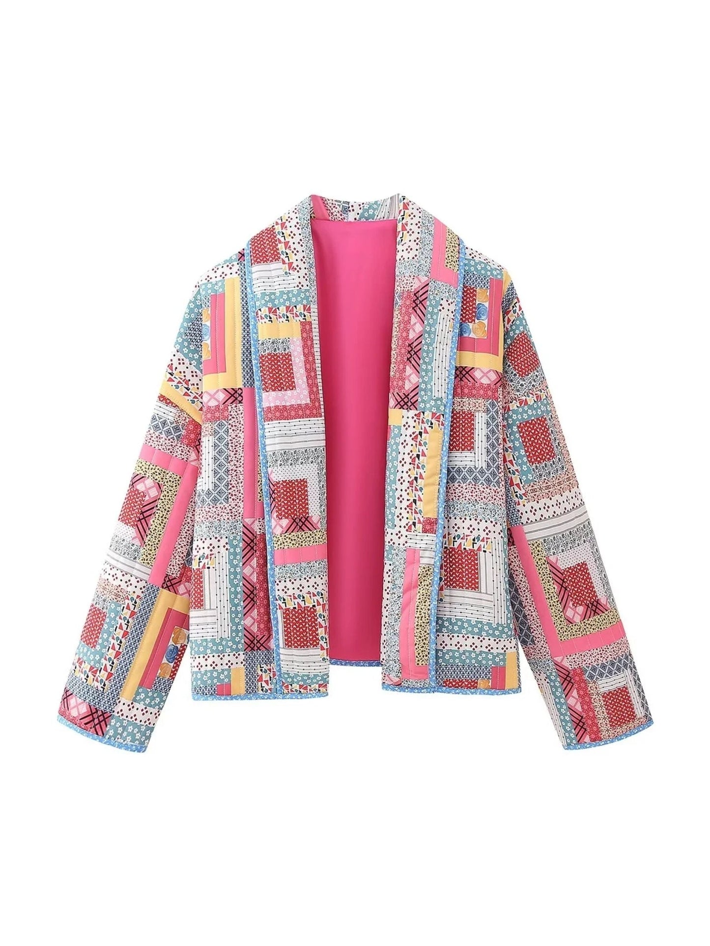 Patchwork Gequiltede Jas met Open Voorkant en Vrolijke Kleuren