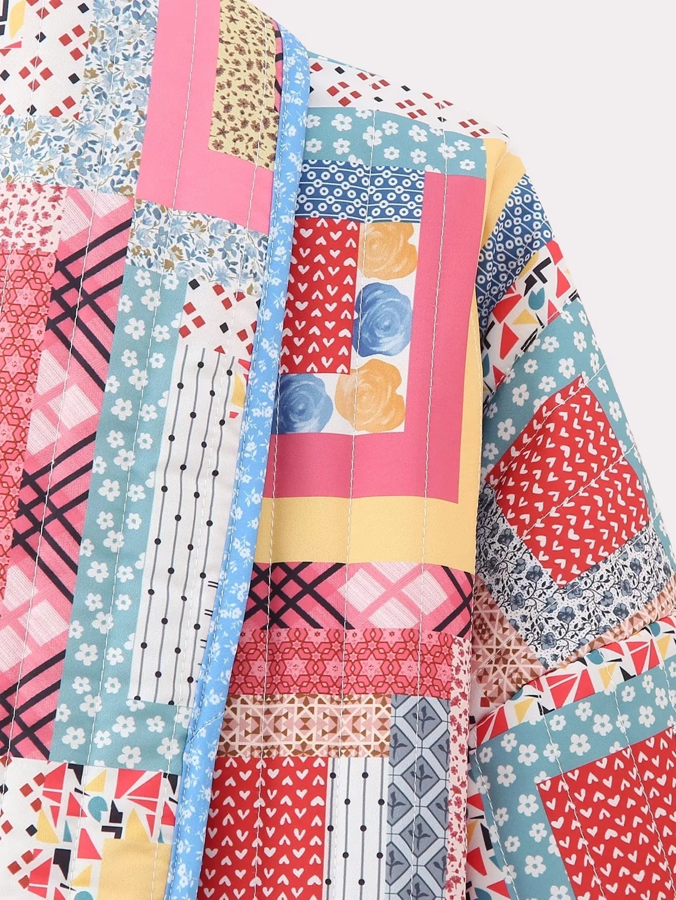 Patchwork Gequiltede Jas met Open Voorkant en Vrolijke Kleuren