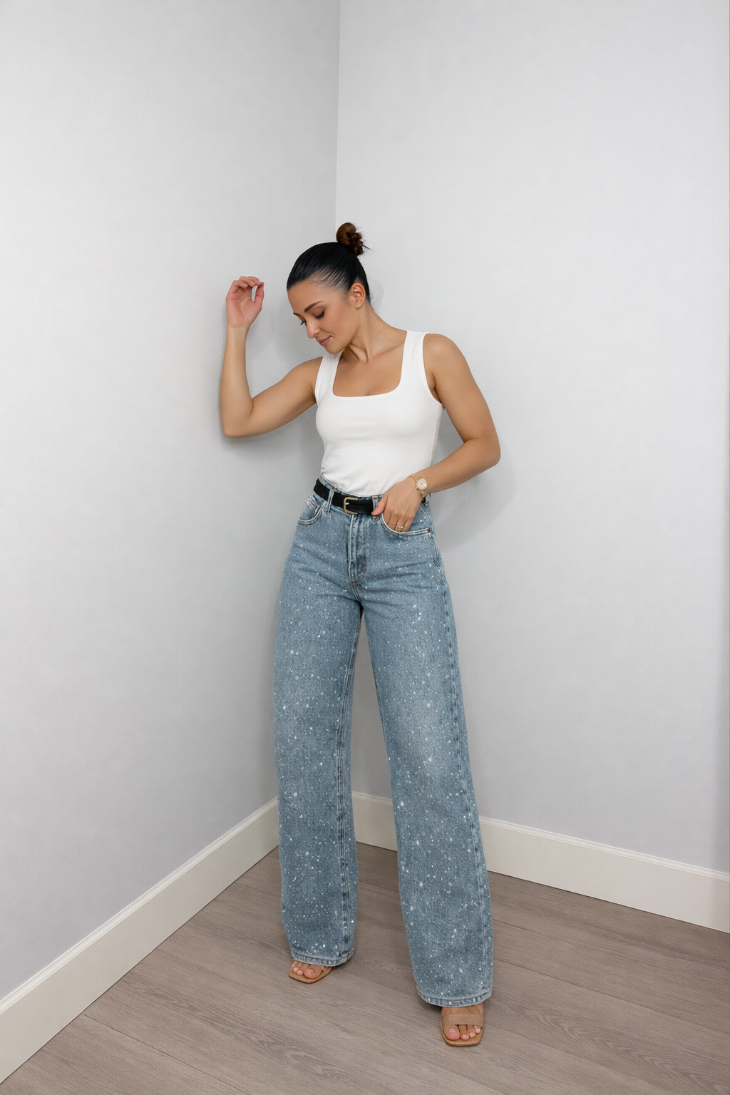 Recht high waist jeans met subtiele glitter details