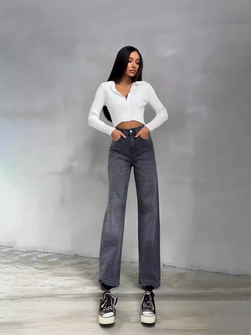 Retro Gewassen Denim Hoge Taille Slim Fit Jeans voor Dames