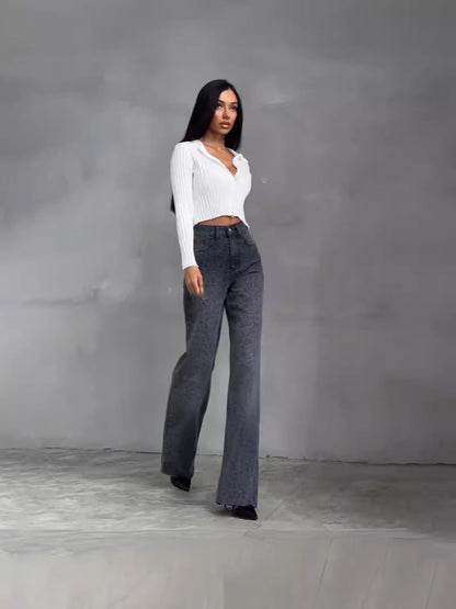 Retro Gewassen Denim Hoge Taille Slim Fit Jeans voor Dames