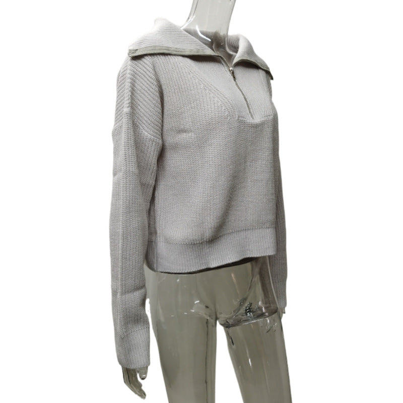 Retro V-hals Trui met Lange Mouwen voor Dames - Los Ontwerp met Revers en Rits
