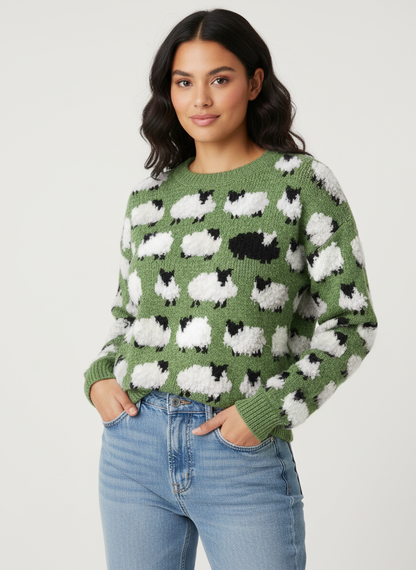 Retro gebreide dames trui met schapenprint – Elara