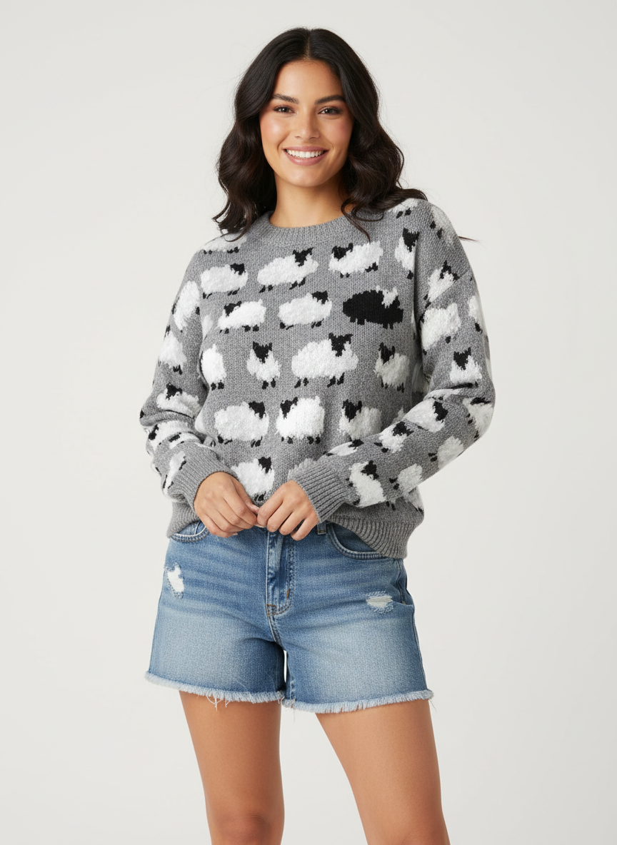 Retro gebreide dames trui met schapenprint – Elara