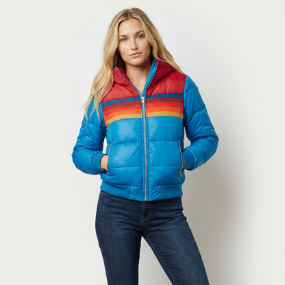 Retro gewatteerde dames winterjas met capuchon en kleuraccenten