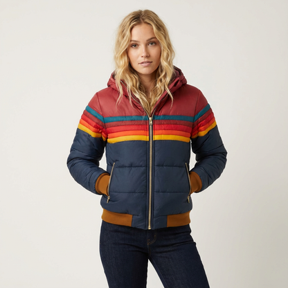 Retro gewatteerde dames winterjas met capuchon en kleuraccenten