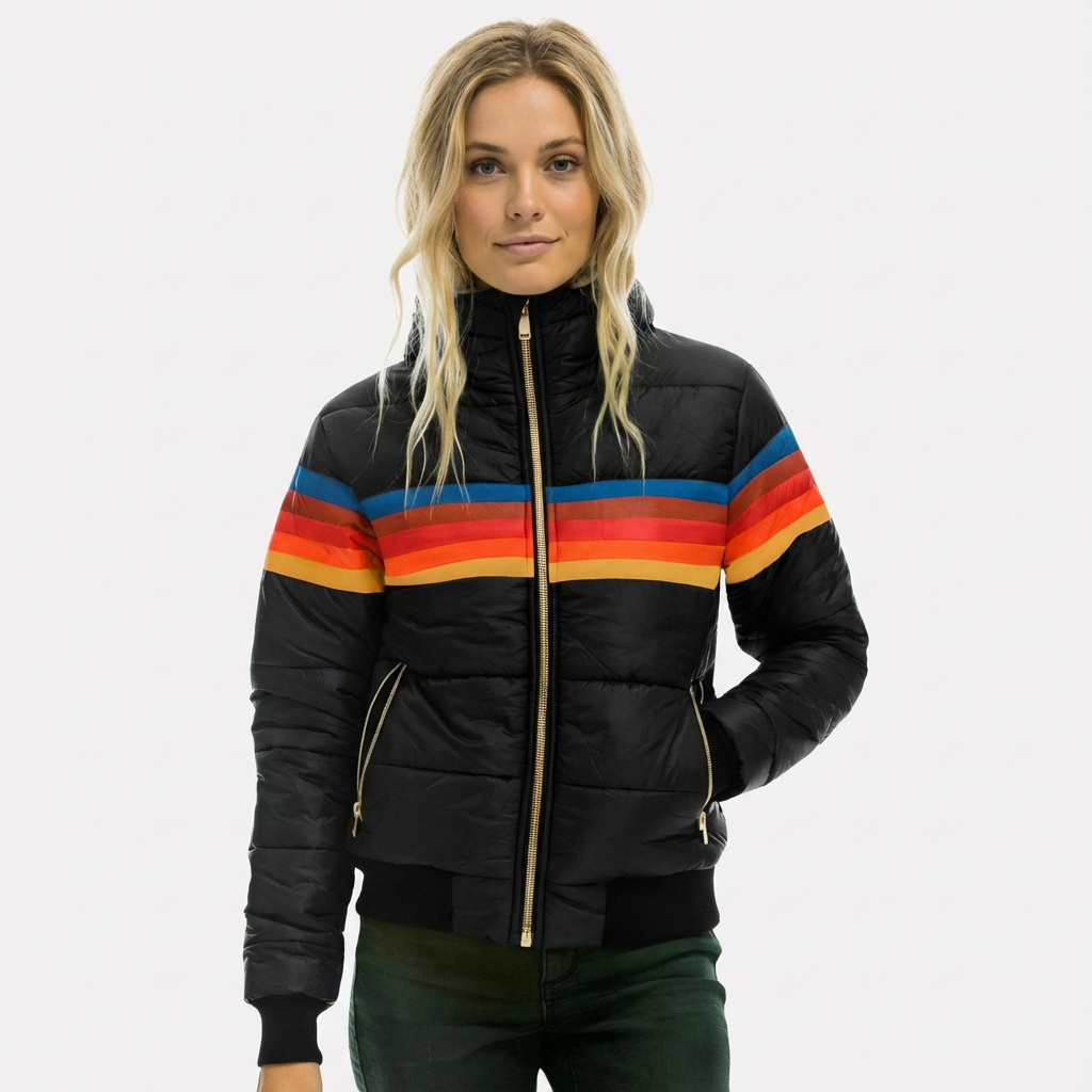 Retro gewatteerde dames winterjas met capuchon en kleuraccenten