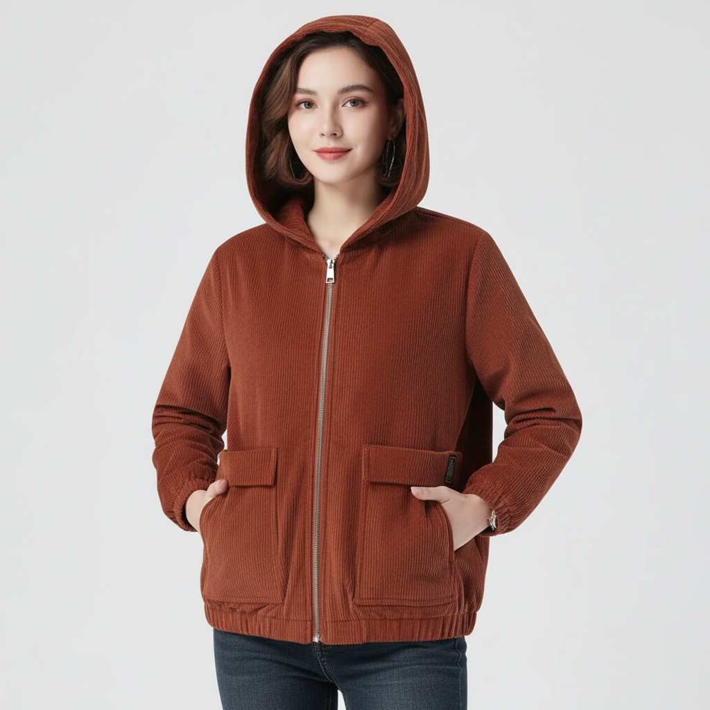 Ribfluwelen dames jas met capuchon – Mila