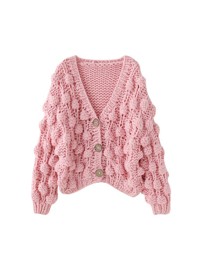 Roze Popcorn Gebreide Cardigan voor Dames - Handgemaakt en Comfortabel