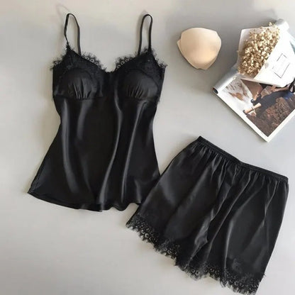 Satijnen dames pyjamaset met kant – Élodie