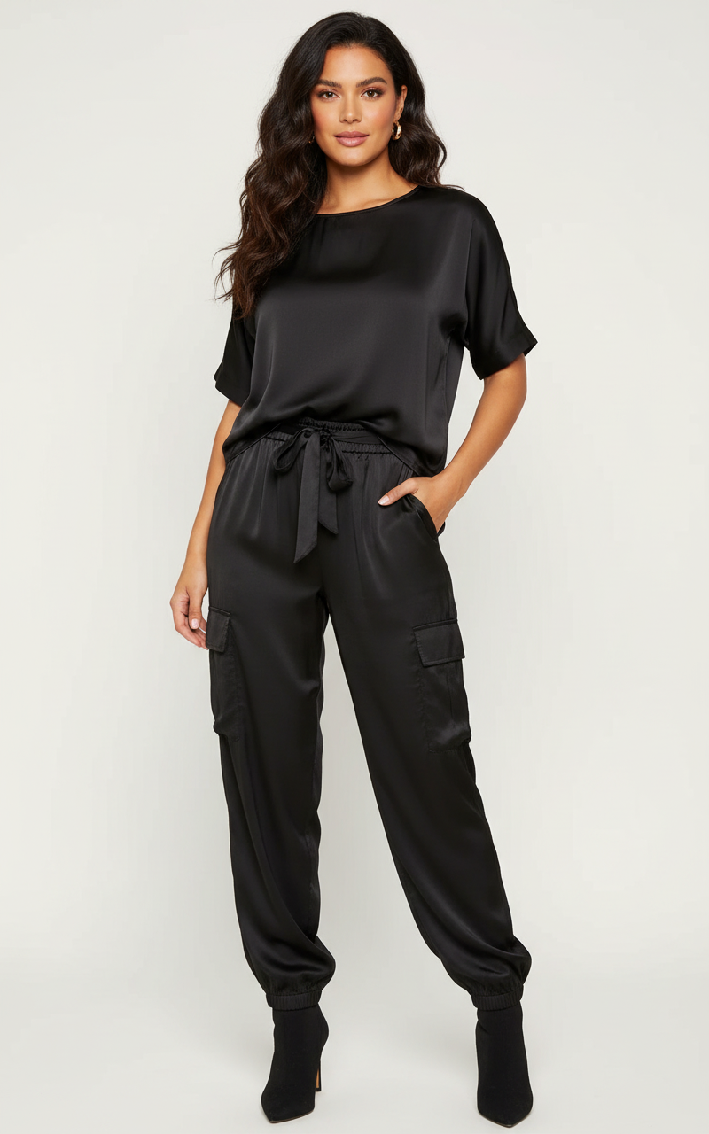 Satijnen dames set met cargobroek en loose top – Inge