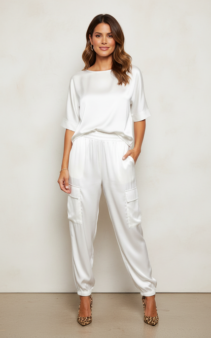 Satijnen dames set met cargobroek en loose top – Inge