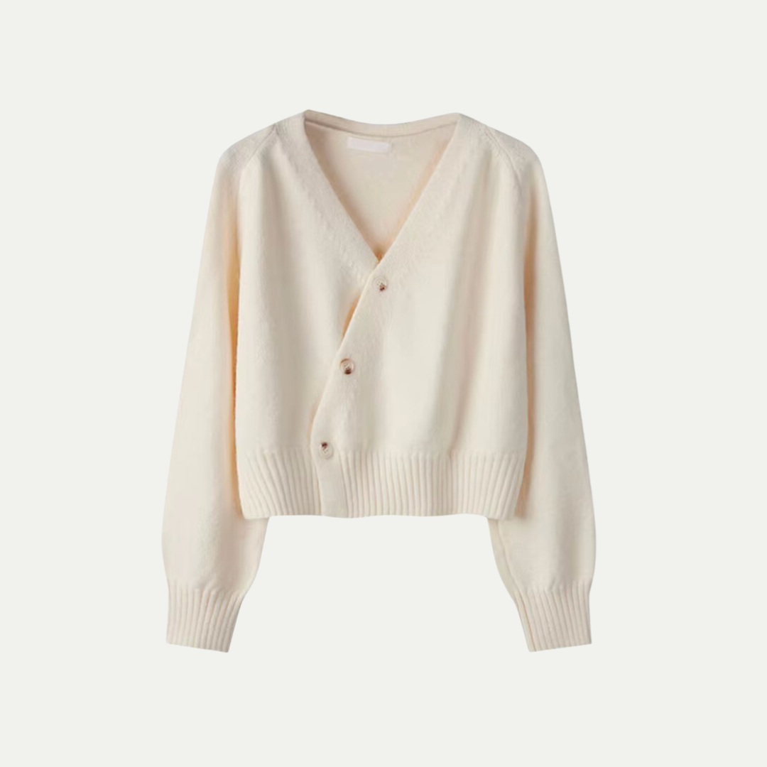 Stijlvolle V-hals Cardigan met Scheve Knopen van Merinowol
