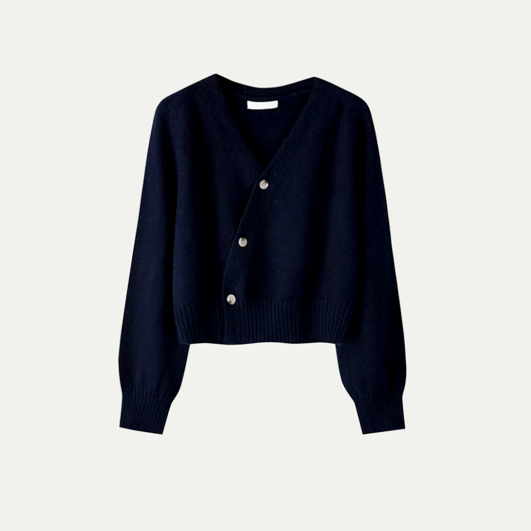 Stijlvolle V-hals Cardigan met Scheve Knopen van Merinowol