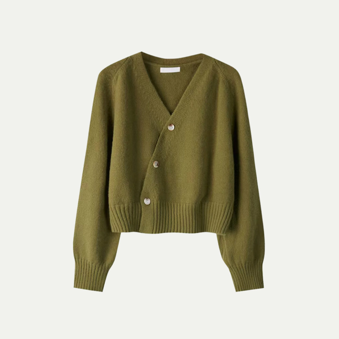 Stijlvolle V-hals Cardigan met Scheve Knopen van Merinowol