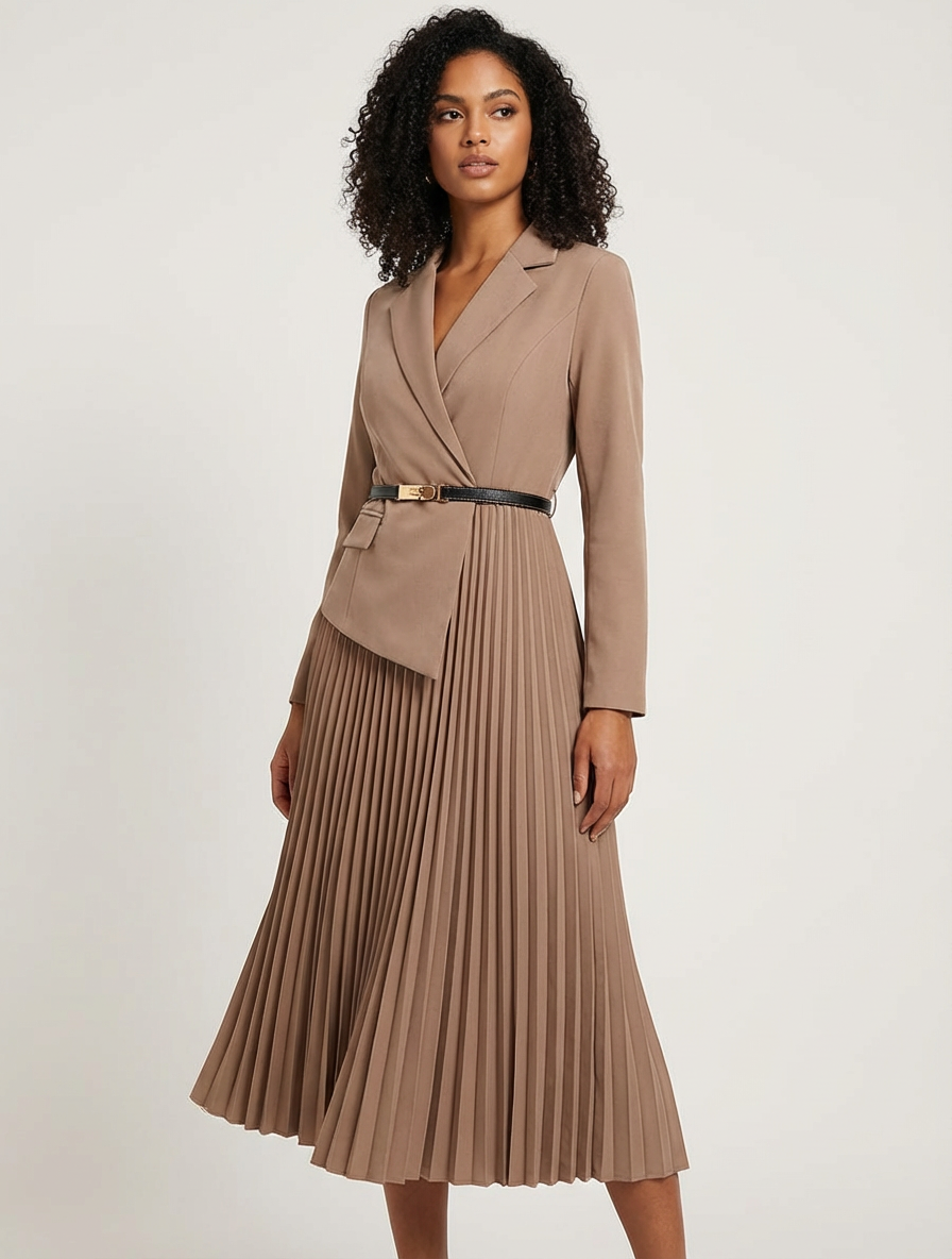 Stijlvolle midi jurk met geplisseerde rok en elegante blazerlook