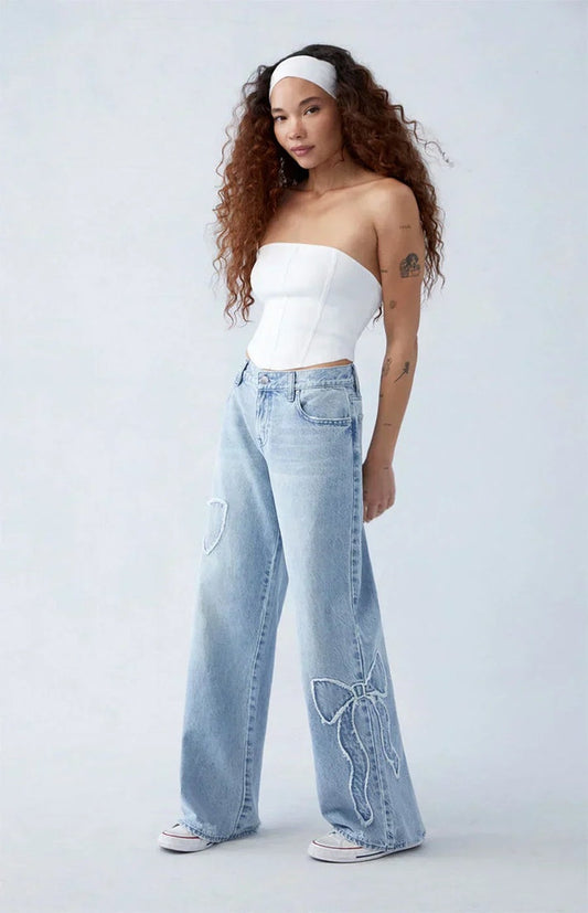 Strik detail wide leg jeans dames