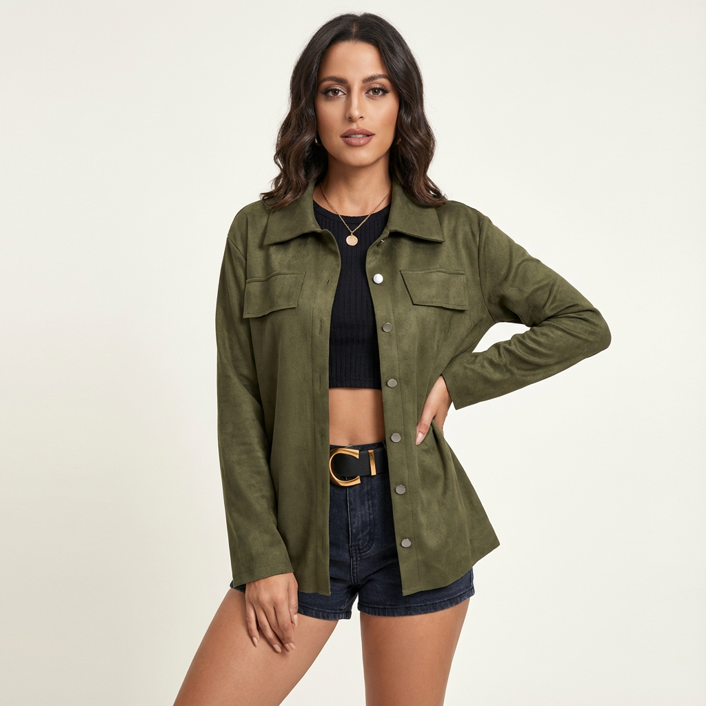 Suède-look damesjack met knoopsluiting en borstzakken