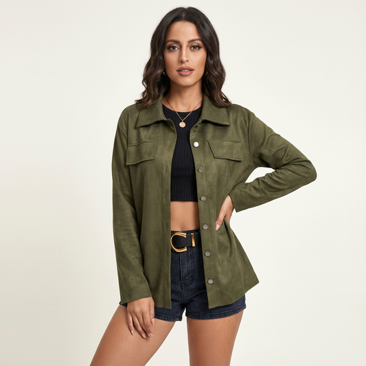 Suède-look damesjack met knoopsluiting en borstzakken