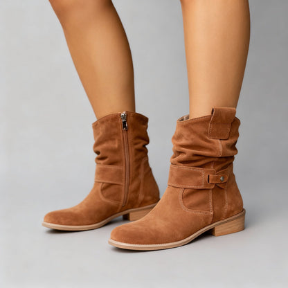 Suède look dames cowboy enkellaarsjes met lage hak