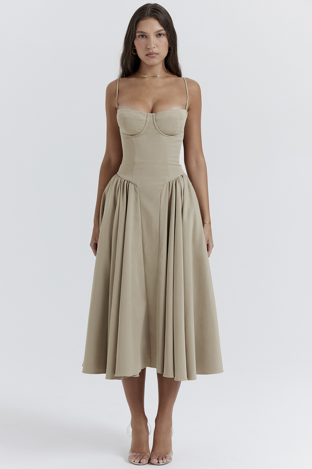 Taupe Corset Zomerjurk met Sweetheart Halslijn en Bandjes