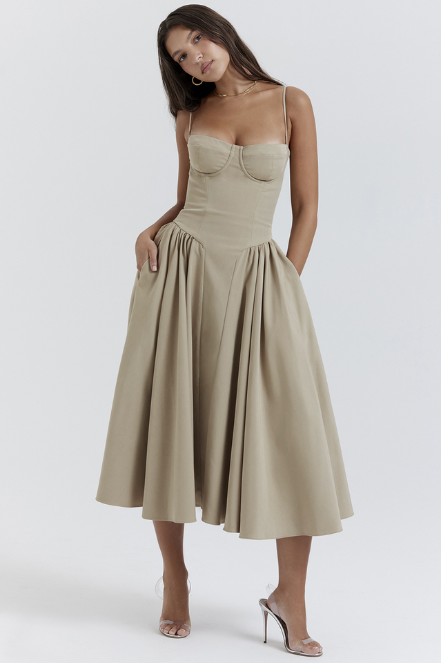 Taupe Corset Zomerjurk met Sweetheart Halslijn en Bandjes