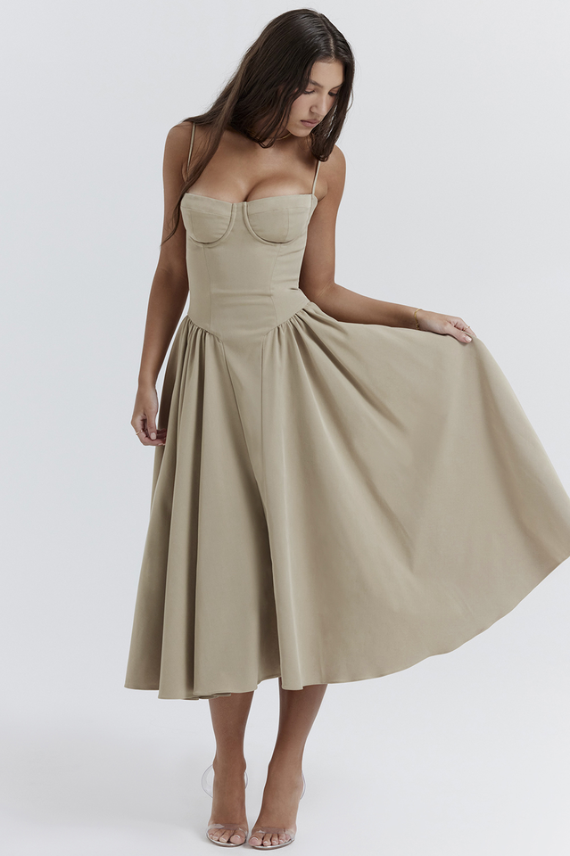 Taupe Corset Zomerjurk met Sweetheart Halslijn en Bandjes