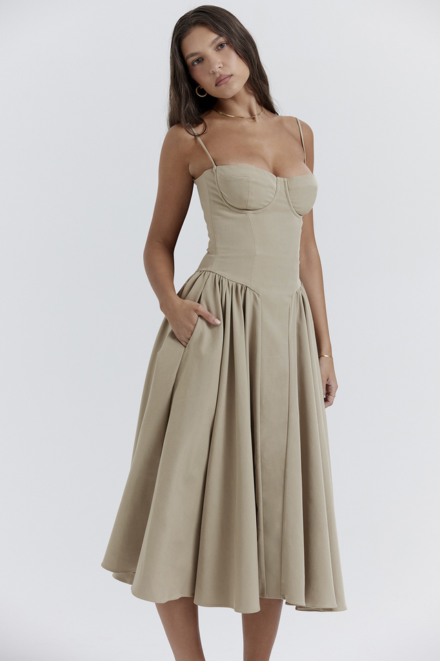 Taupe Corset Zomerjurk met Sweetheart Halslijn en Bandjes