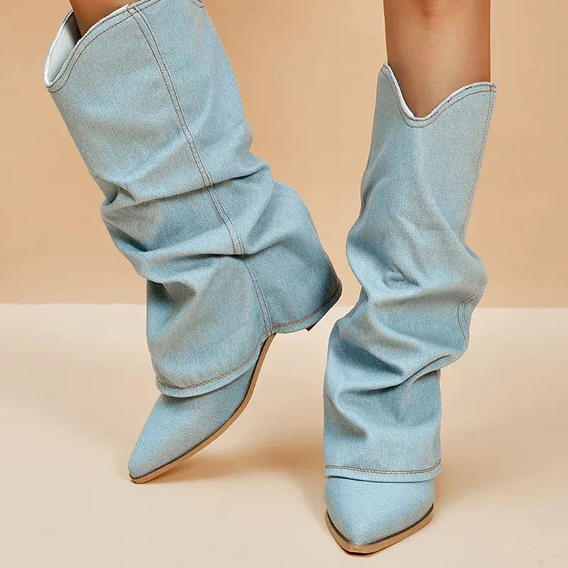 Trendy denim laarzen met hak – Miley