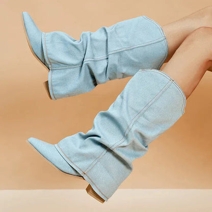 Trendy denim laarzen met hak – Miley