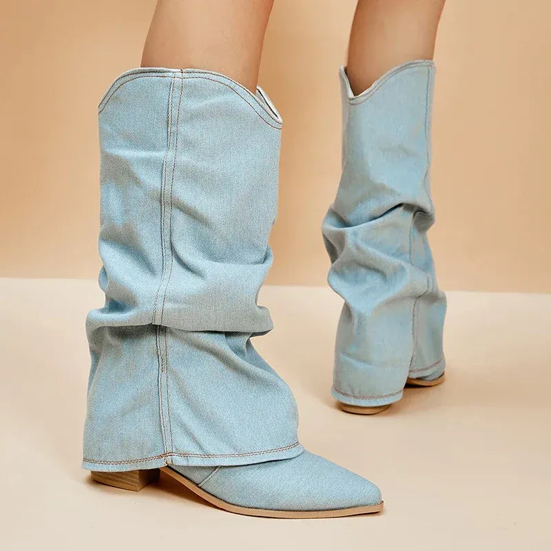 Trendy denim laarzen met hak – Miley