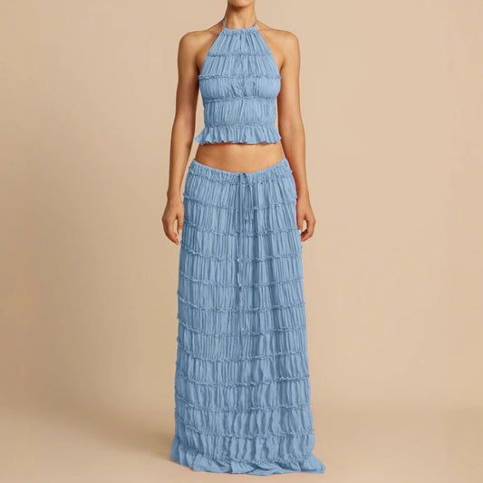 Tweedelig Dames Set met Rimpel Halter Crop Top en Maxi Rok