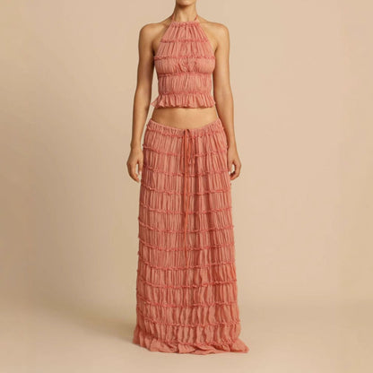 Tweedelig Dames Set met Rimpel Halter Crop Top en Maxi Rok
