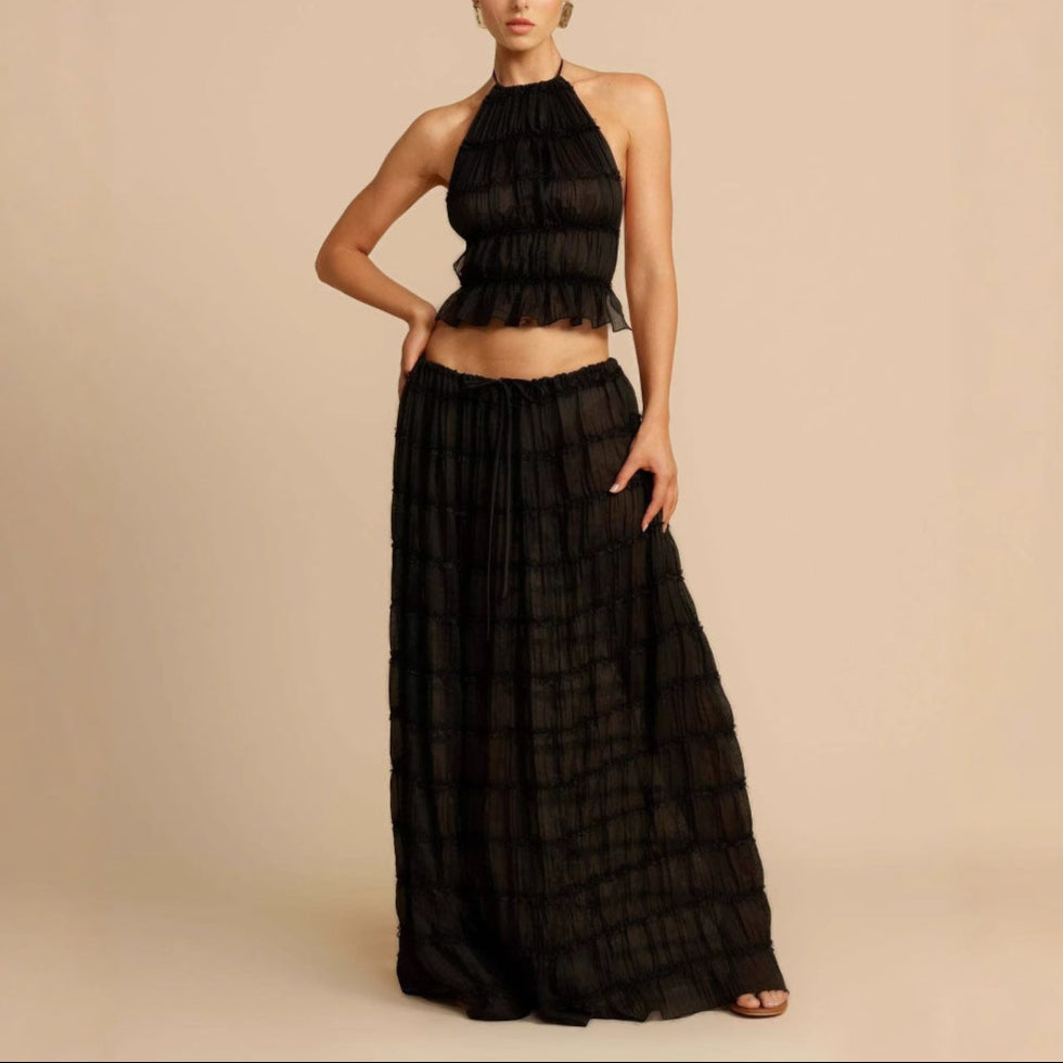 Tweedelig Dames Set met Rimpel Halter Crop Top en Maxi Rok