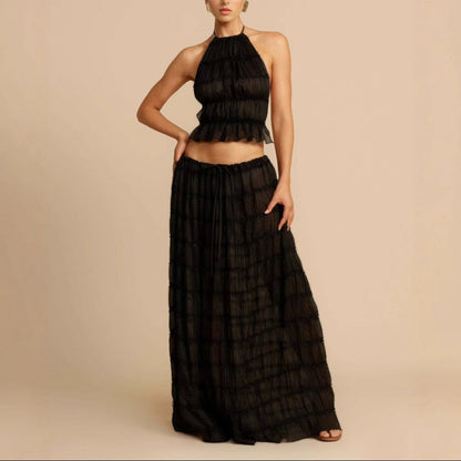 Tweedelig Dames Set met Rimpel Halter Crop Top en Maxi Rok