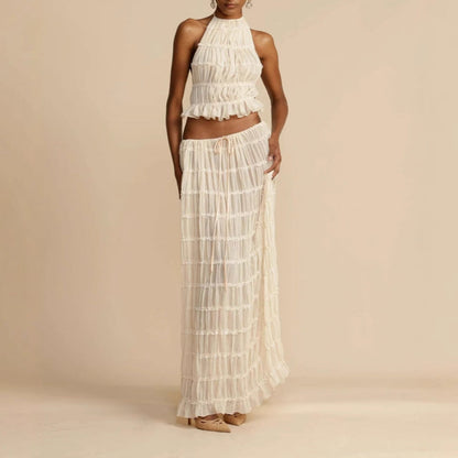 Tweedelig Dames Set met Rimpel Halter Crop Top en Maxi Rok
