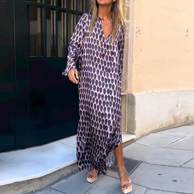 Vrouwelijke Maxi Jurk met V-Hals en Lange Mouwen in Ademend Stof