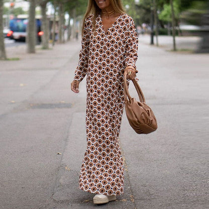 Vrouwelijke Maxi Jurk met V-Hals en Lange Mouwen in Ademend Stof