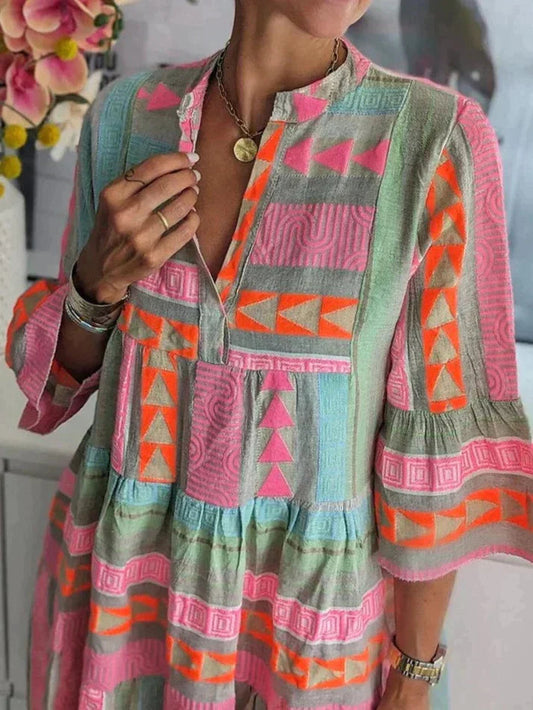 Vrouwen Bohemian Midi Jurk met Losse Pasvorm en Gelaagde Rokken