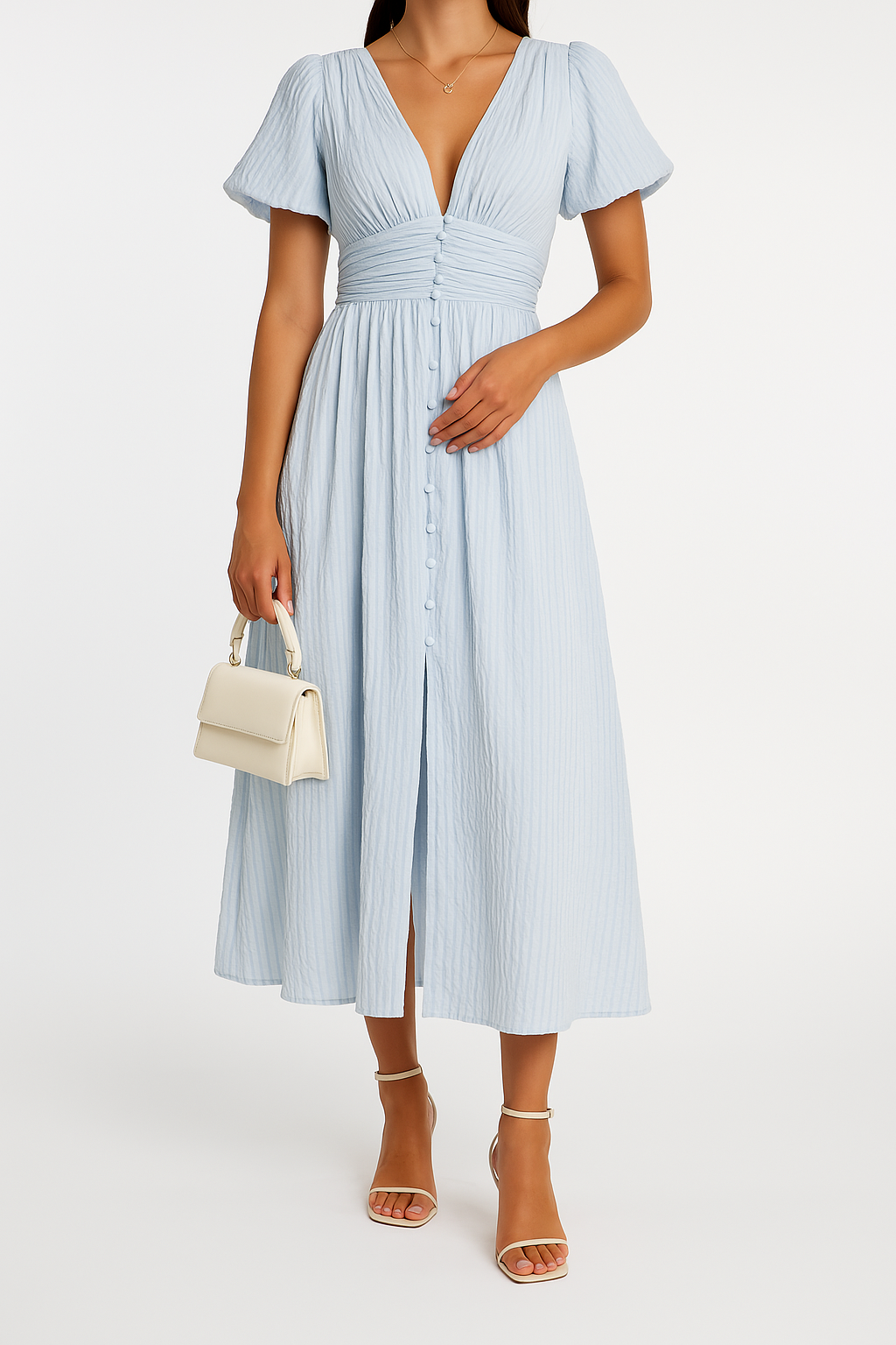 Vrouwen Gekleed V-Hals Maxi Jurk met Pofmouwen en Knopen
