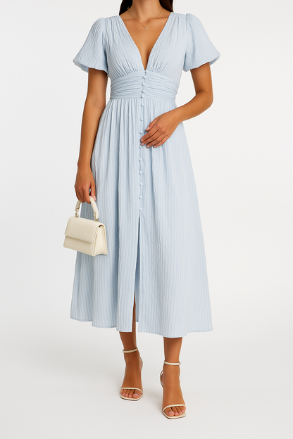 Vrouwen Gekleed V-Hals Maxi Jurk met Pofmouwen en Knopen