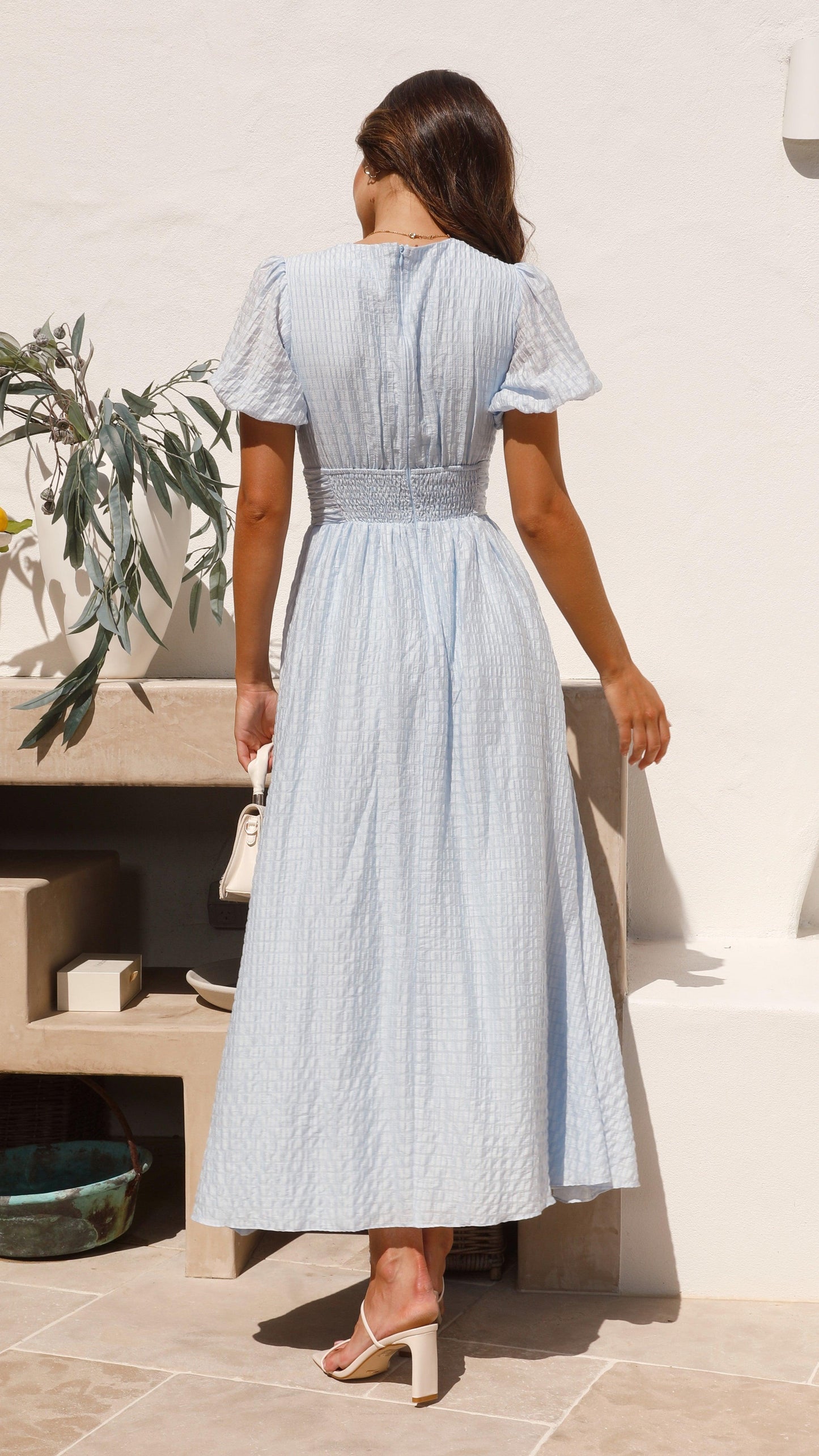 Vrouwen Gekleed V-Hals Maxi Jurk met Pofmouwen en Knopen