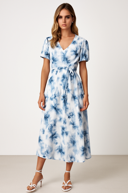 Vrouwen Midi Jurk met V-Hals en Pofmouwen in Flatterende Stijl