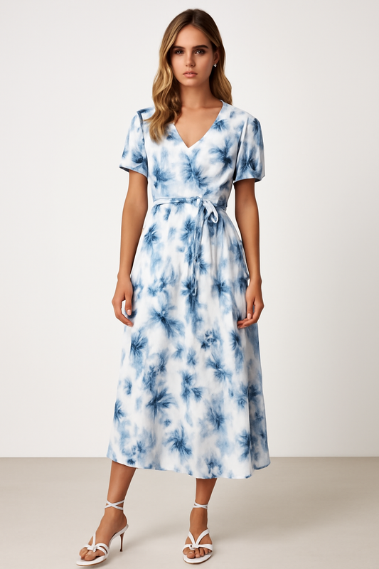 Vrouwen Midi Jurk met V-Hals en Pofmouwen in Flatterende Stijl