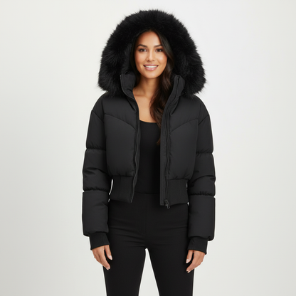 Warme cropped dames winterjas met luxe bontkraag