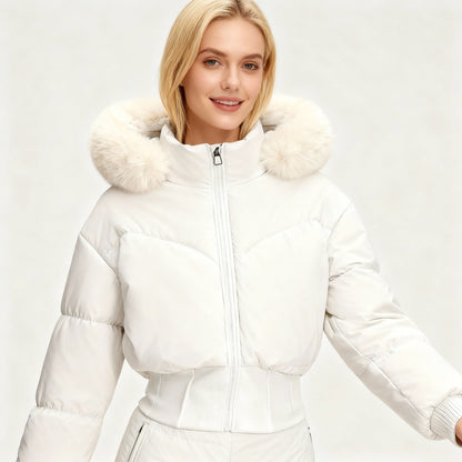 Warme cropped dames winterjas met luxe bontkraag